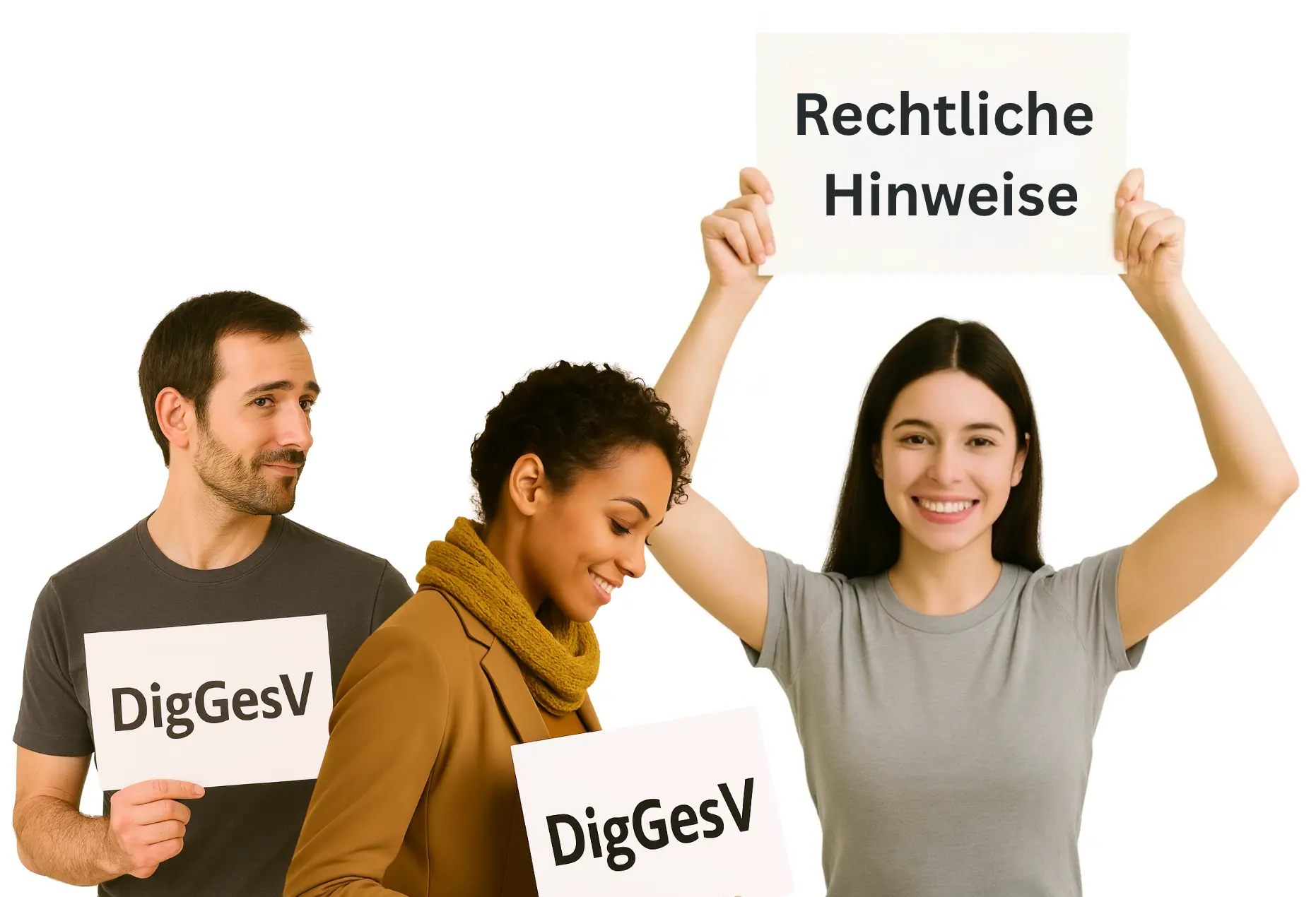 Drei Personen halten Schilder. Links ein Mann mit grauem T-Shirt und einem Schild mit der Aufschrift 'DigGesV'. Daneben eine Frau mit braunem Blazer und gelbem Schal, die ein weiteres 'DigGesV'-Schild hält. Rechts eine Frau mit grauem T-Shirt, die lächelnd ein Schild über ihrem Kopf hochhält mit der Aufschrift 'Rechtliche Hinweise'.
